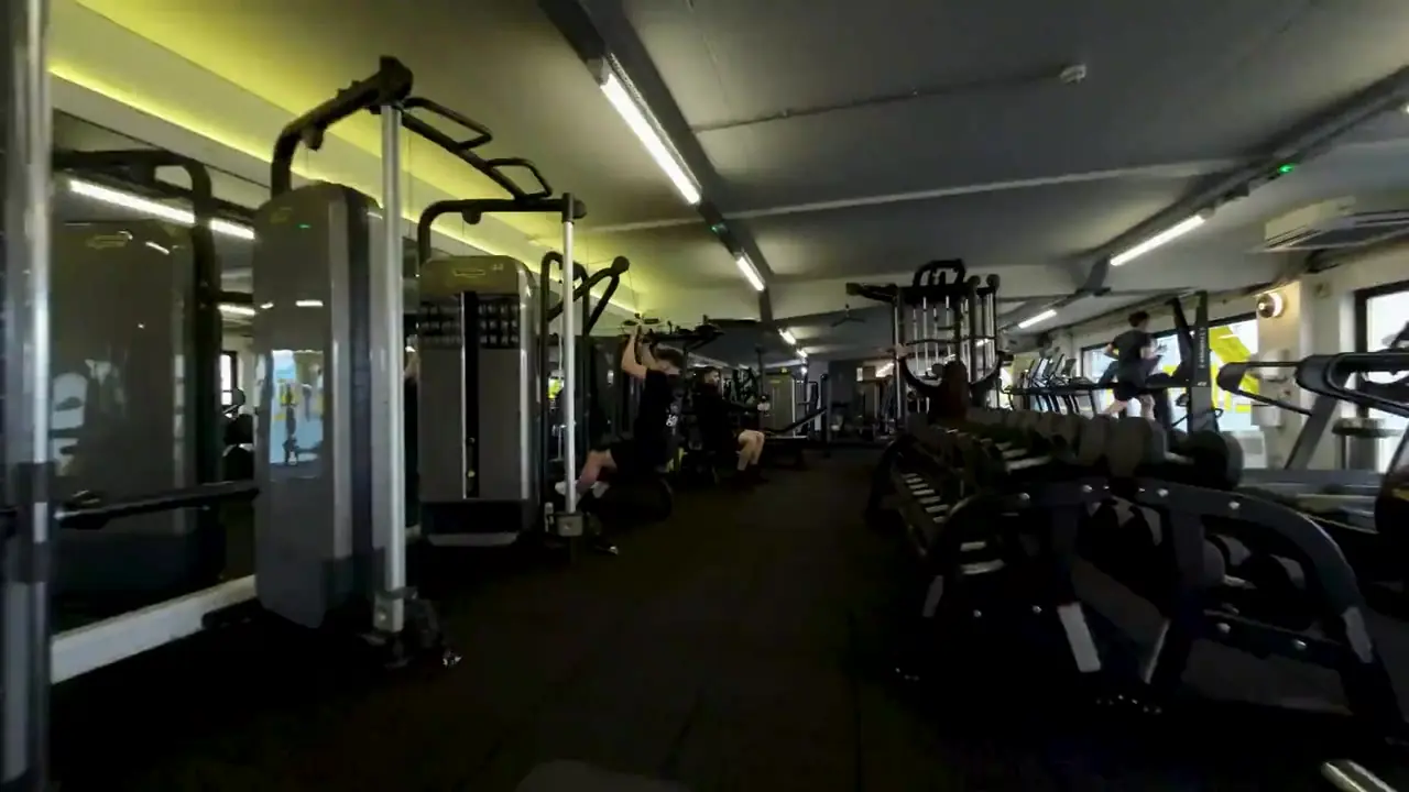 The weights floor at Three Sixty Fitness, with Technogym racks and machines