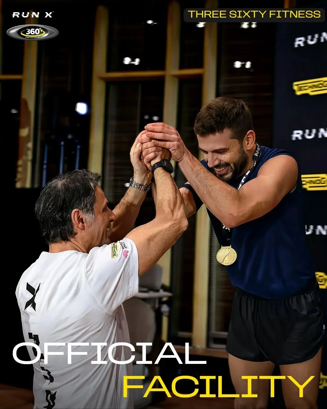 Two runners celebrating with a medal under the words 'Official facility'
